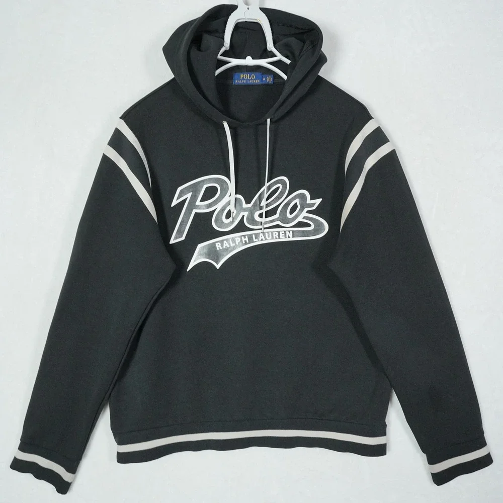 Polo Ralph Lauren Mens Black Spellout Varsity Stripe Pullover Hoodie Size Medium